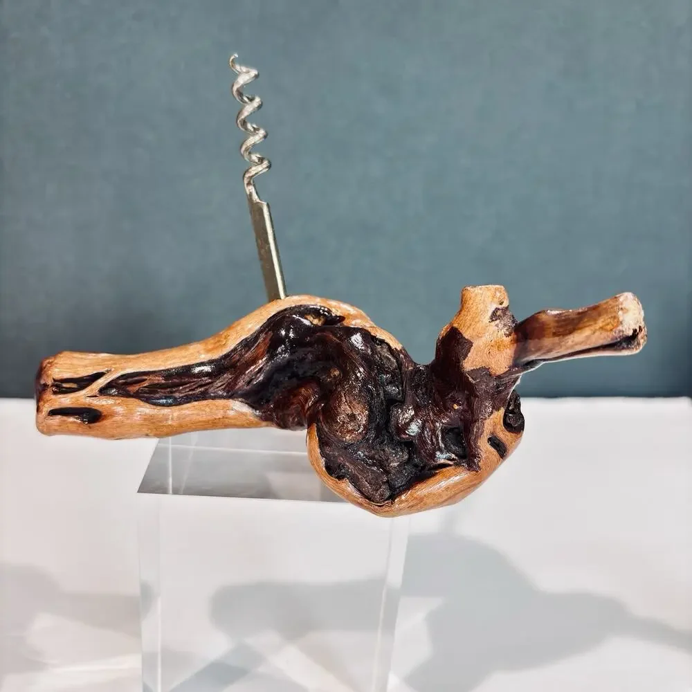 Vintage Handcrafted Grapevine Burl Wood Stationary Corkscrew Wine Opener